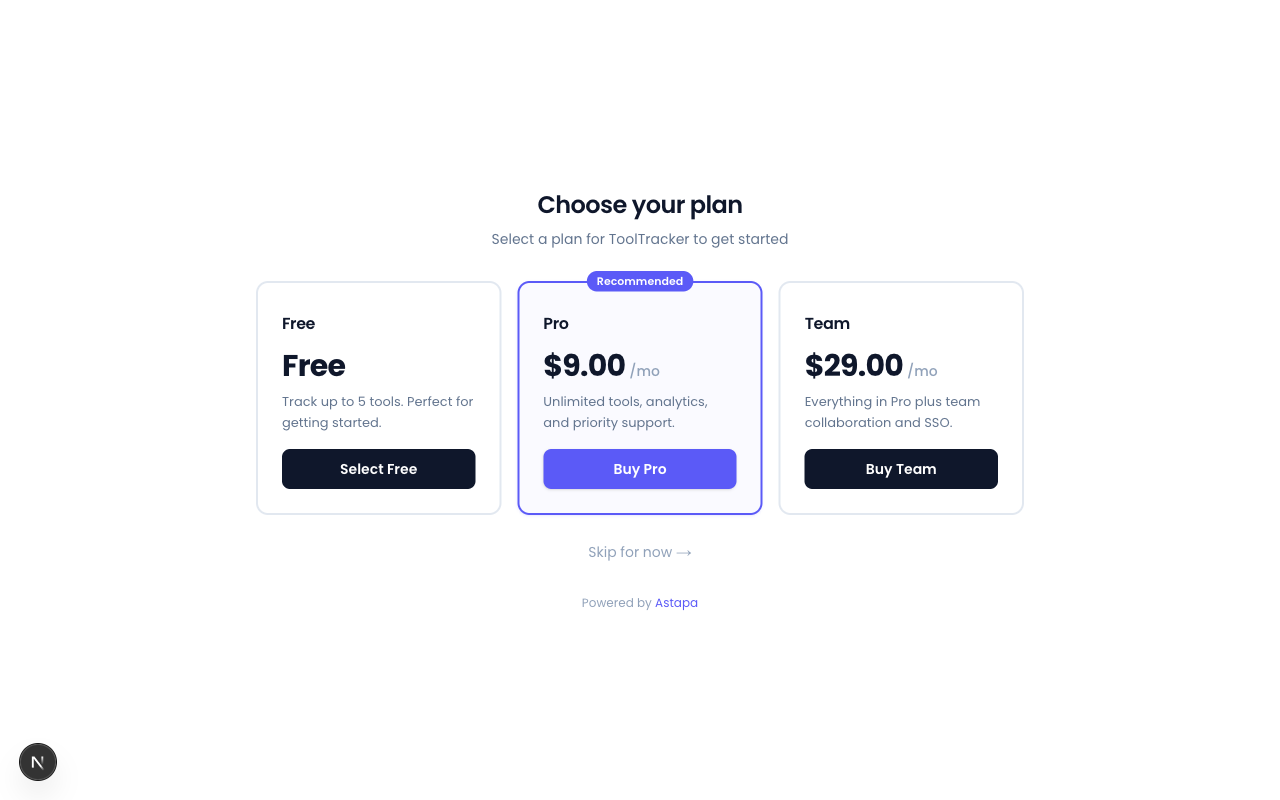 Choose a plan — hosted by Astapa